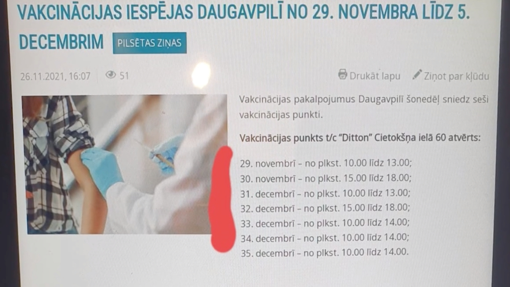 Cilvēcīgas kļūdas dēļ Daugavpilī piedāvāts vakcinēties arī 35.decembrī
